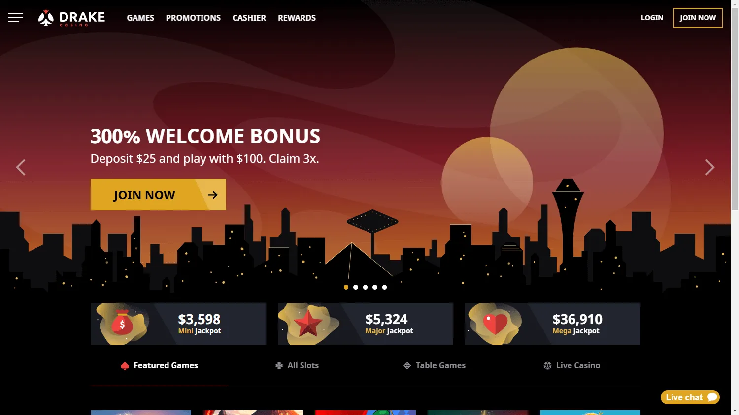 Drake Casino desktop home screen with casino offers and account features