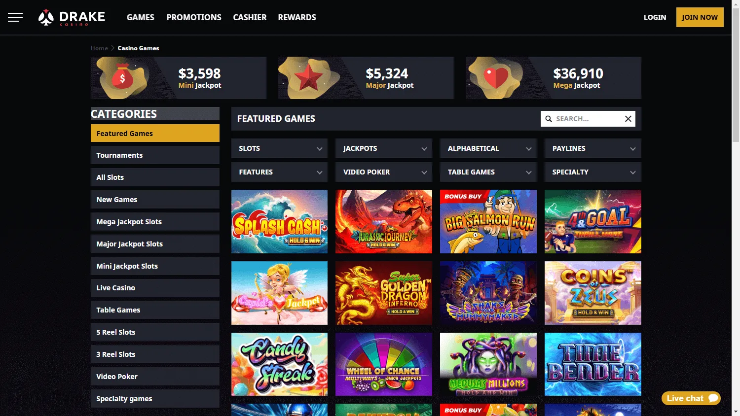 Drake Casino desktop casino catalogue with slots and table games
