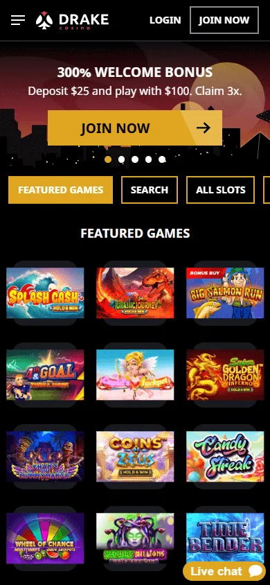 Drake Casino mobile browser home screen