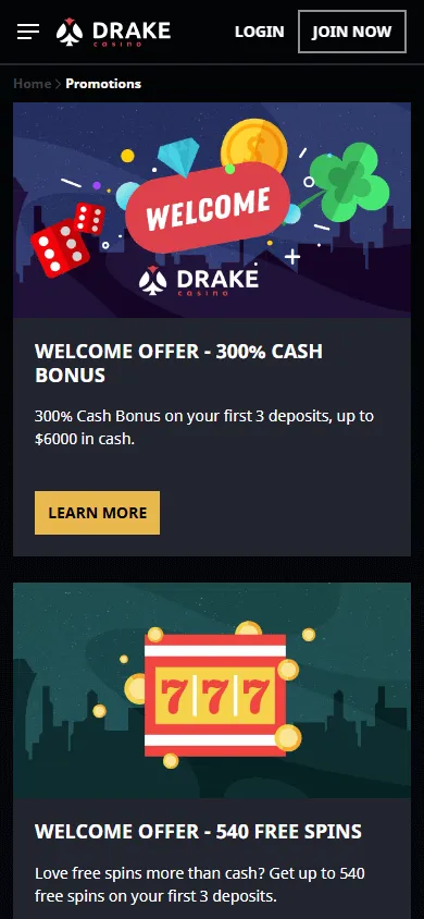 Drake Casino mobile browser promotions area