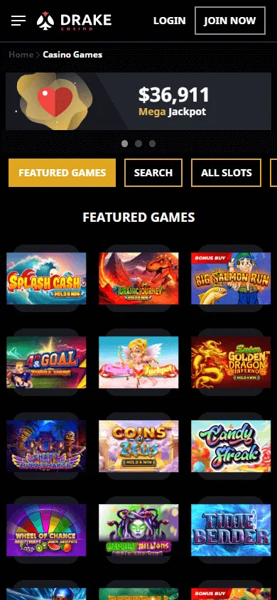 Drake Casino mobile browser game catalogue