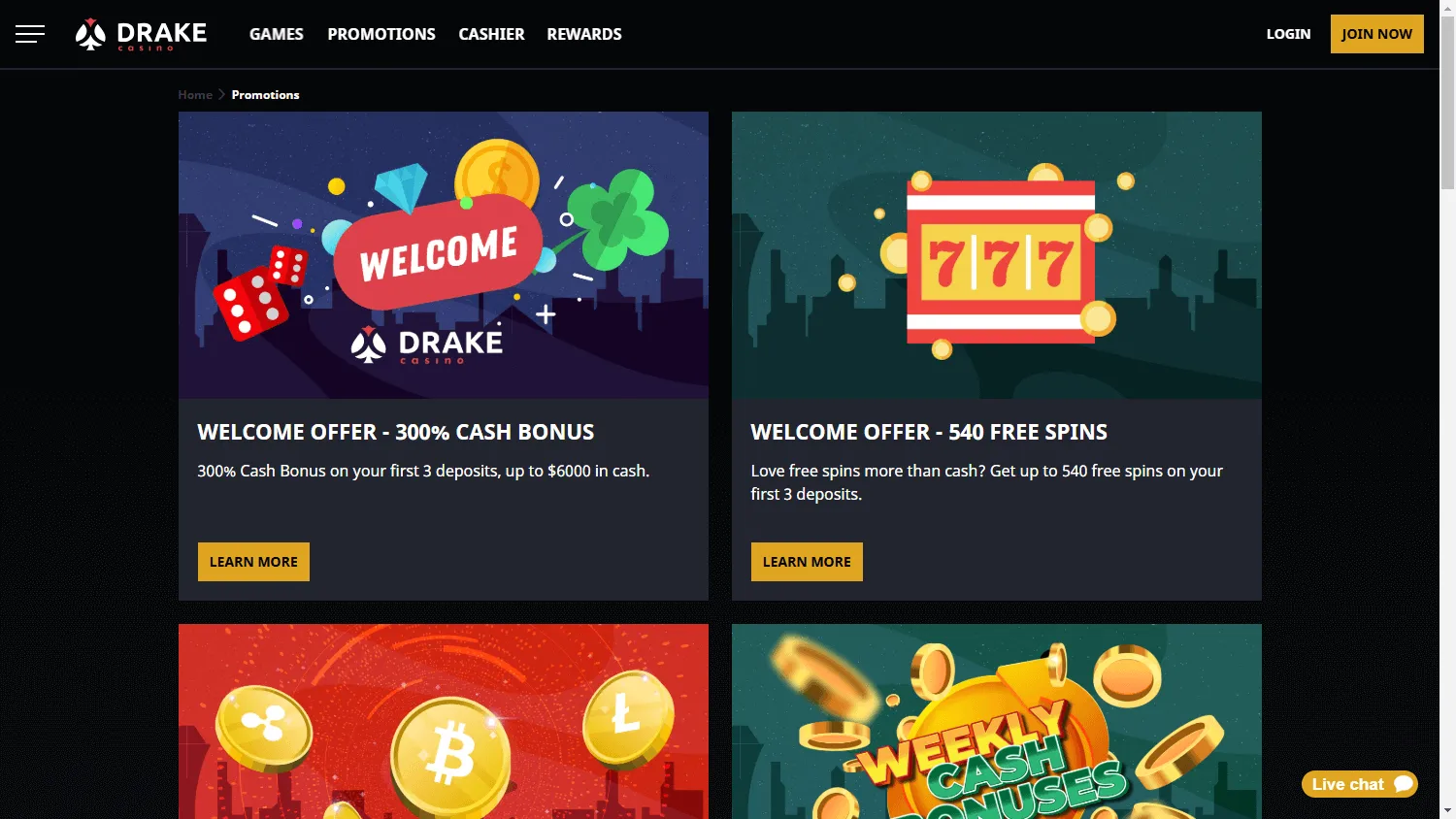 Drake Casino desktop promotions area with bonuses and tournament offers